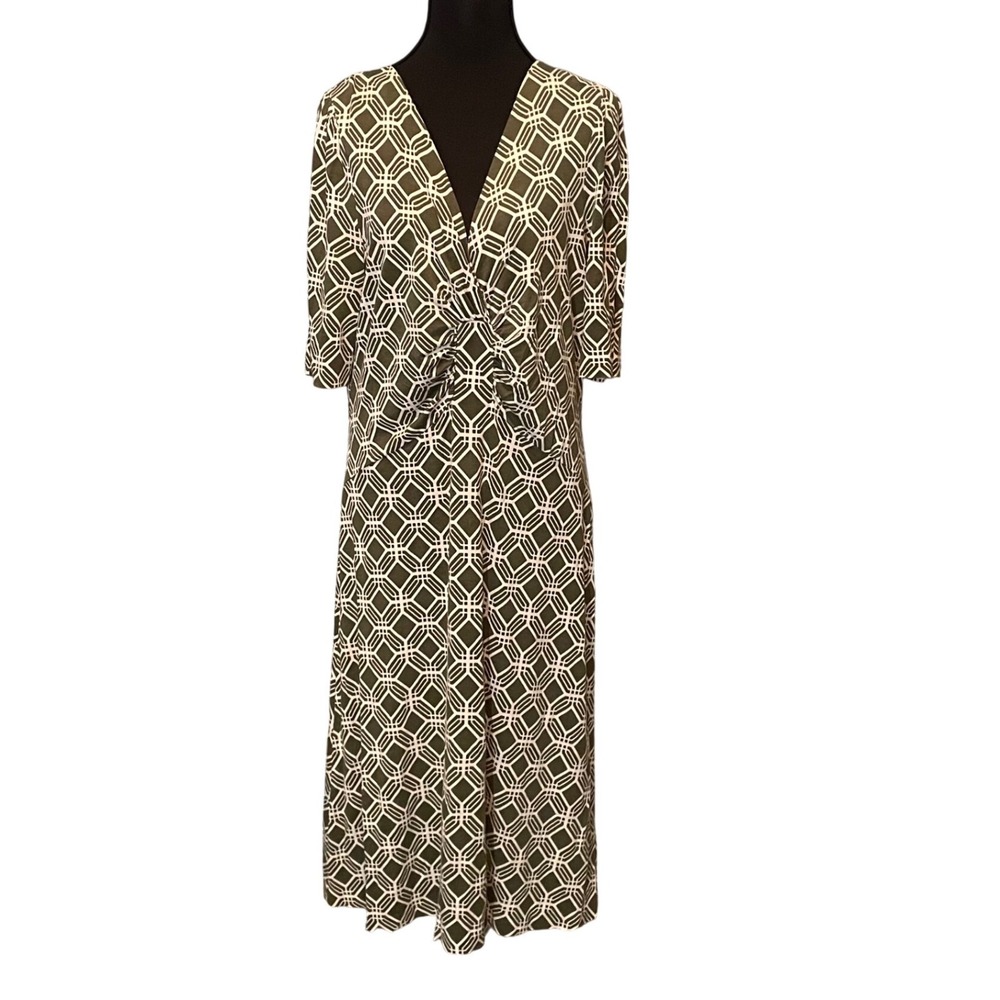 Banana Republic Silk Cotton Geometric Ruched V-Neck Midi Dress Olive Green L Mod